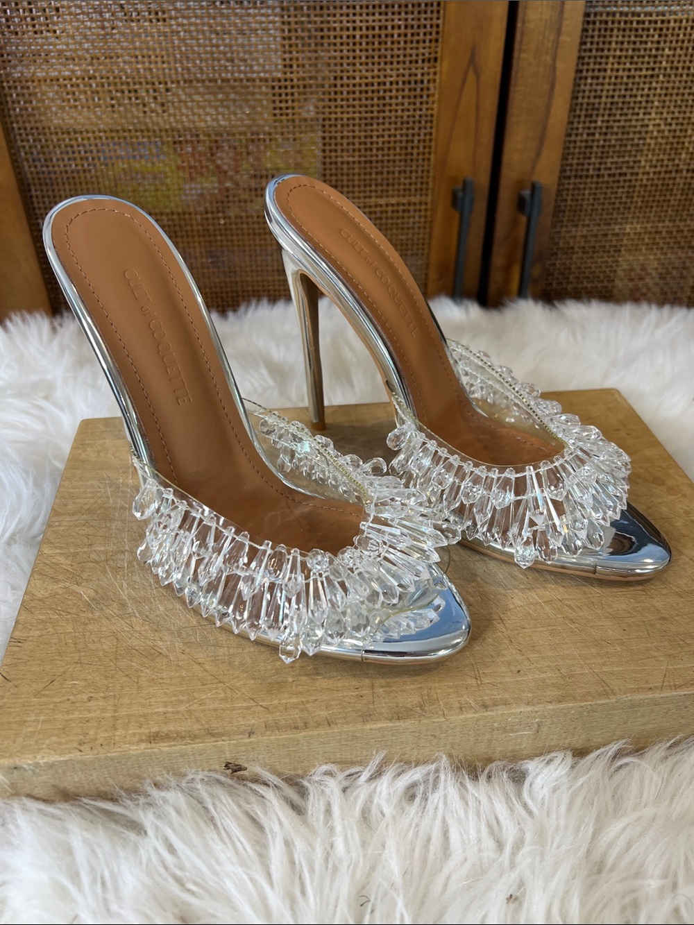 Cult of Coquette Goldie Clear Drip Chandelier Open Toe High Heel Mules